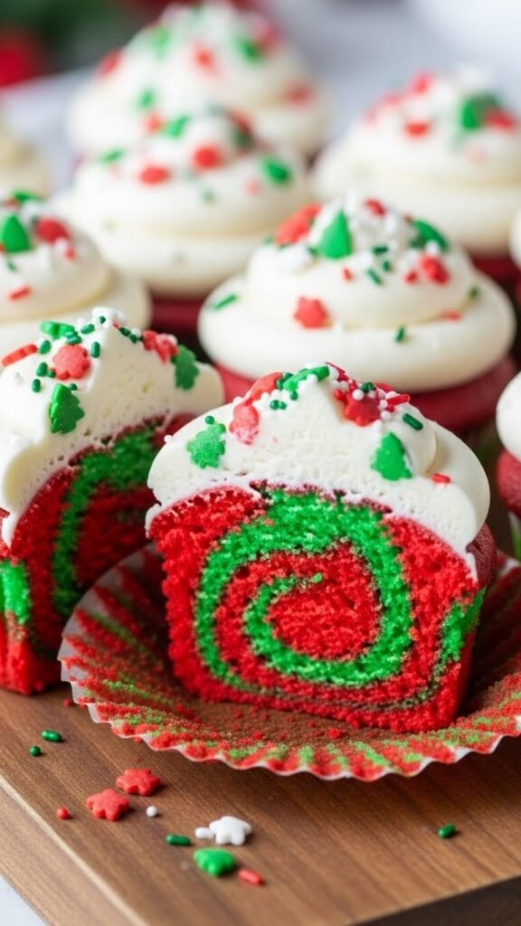 Holiday Red & Green Marble Cupcakes