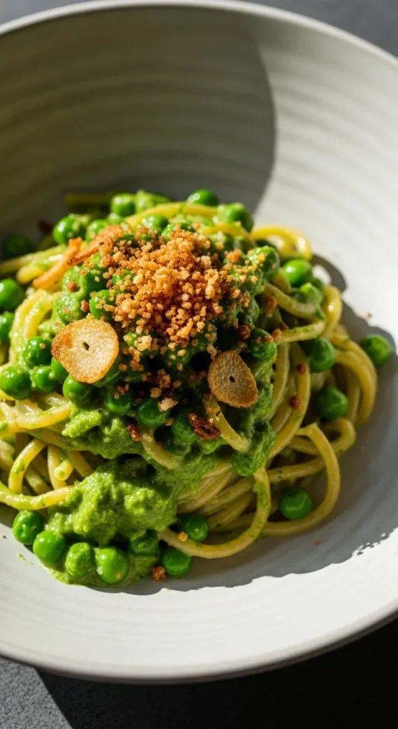 Creamy Pea Pasta With Garlic Crumbs