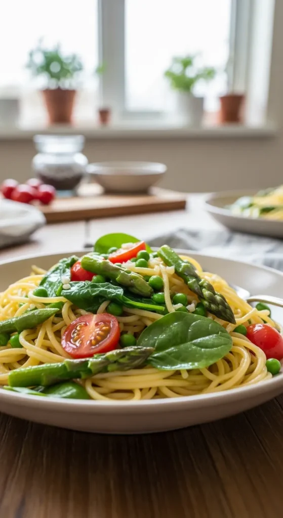 Spring Vegetable Pasta with Garlic Oil