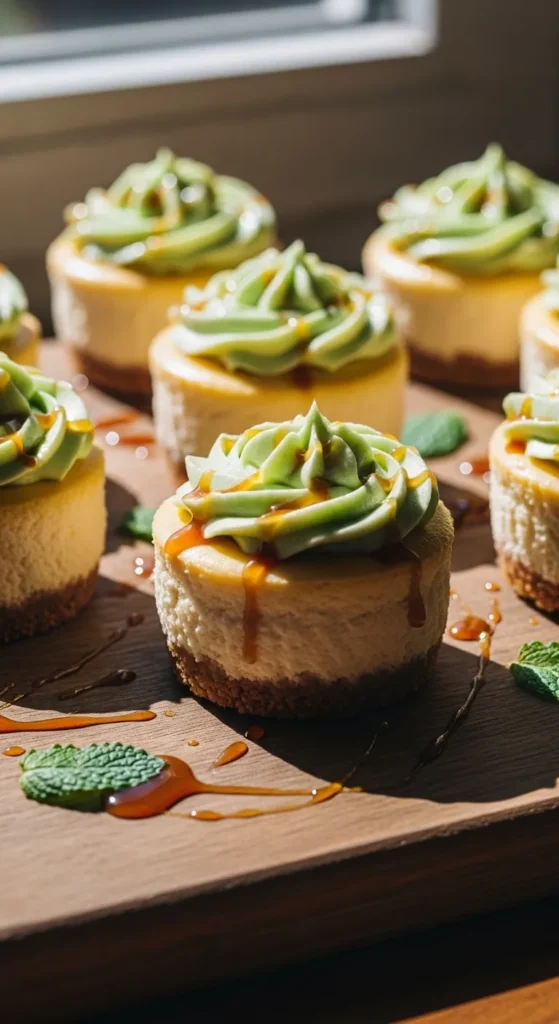 Mini Caramel Mint Cheesecakes