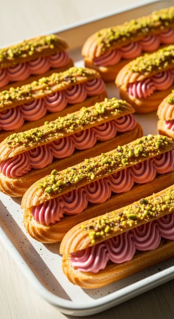 Raspberry Pistachio Eclairs