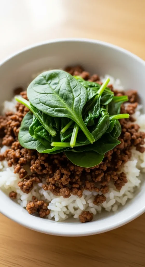 Beef and Spinach Rice Bowl