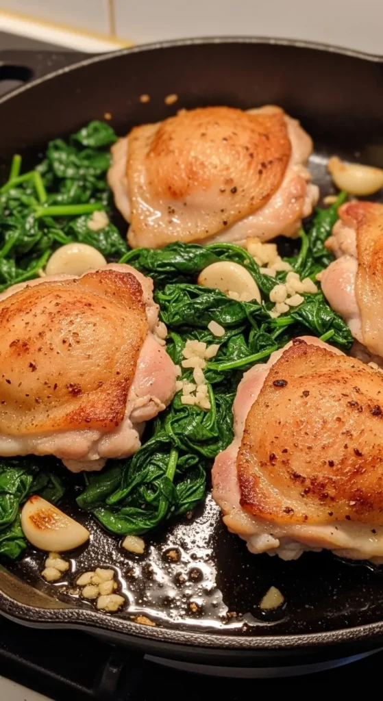 Garlic Spinach Chicken Thigh Skillet